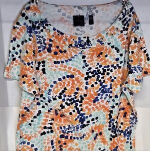 Rafaella Colorful Abstract Dot Grommet Top — Orange, Navy & Mint